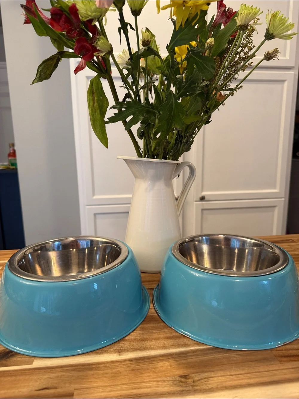Teal Metal Dog Bowls with Stainless Steel inserts. Pet Bowls Set of 2 stackable
